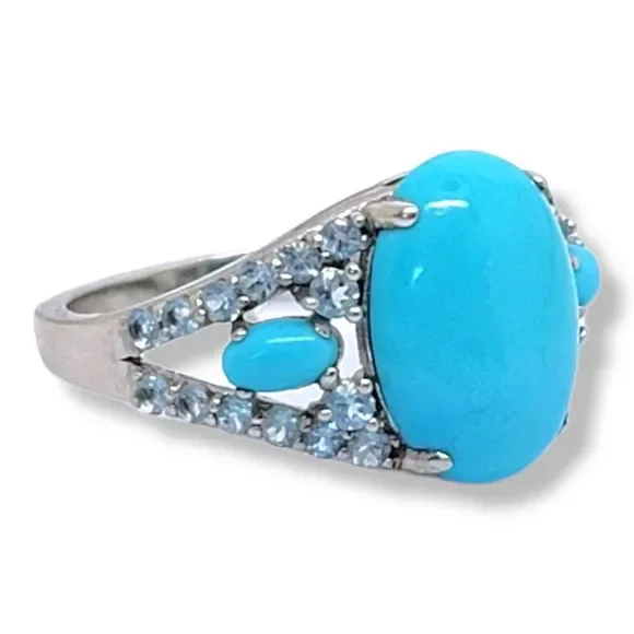 Platinum on Sterling Silver Oval Cabochon Sleep Beauty Turquoise Blue Topaz Ring - Picture 2 of 6